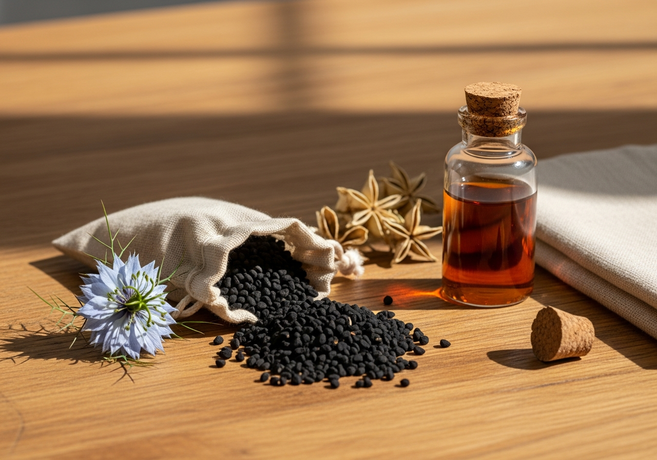 Graines noires de Nigella sativa (cumin noir, habba sawda) avec fleur bleue, matière première de l'huile CO₂ FullCapt™ AP-207